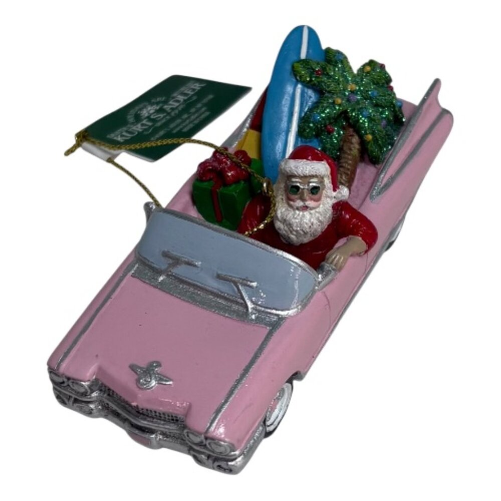 Kurt S Adler Pink Cadillac Santa Palm Tree Surf Board Coastal Christmas Ornament